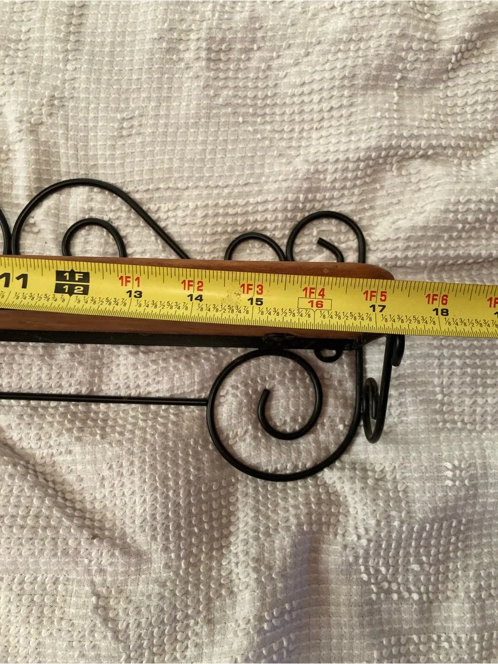 Vintage Wood Shelf with Decorative Black Metal Scroll Brackets